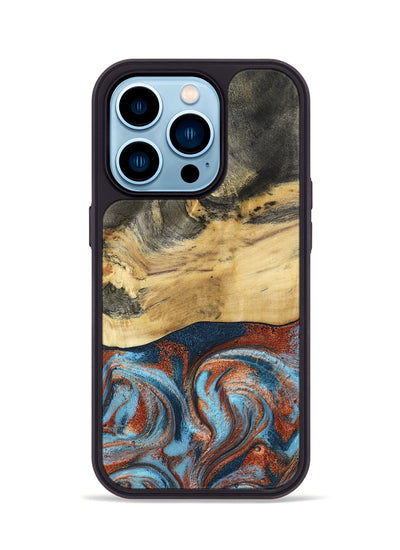 iPhone 14 Pro Wood Phone Case - Yareli (Teal & Gold, 801017)