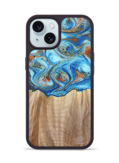iPhone 15 Wood Phone Case - Tyree (Teal & Gold, 801028)