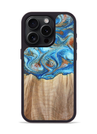 iPhone 15 Pro Wood Phone Case - Tyree (Teal & Gold, 801028)