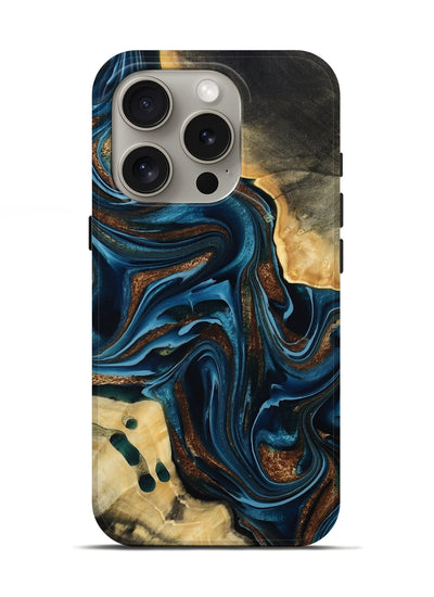 iPhone 16 Pro Wood Live Edge Phone Case - Moesha (Teal & Gold, 801100)