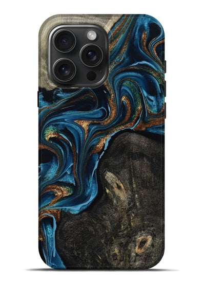 iPhone 16 Pro Max Wood Live Edge Phone Case - Bree (Teal & Gold, 801109)
