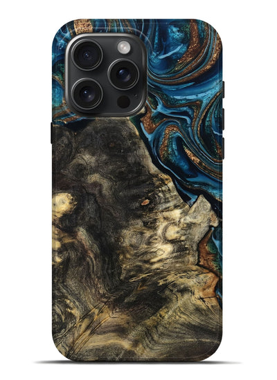 iPhone 16 Pro Max Wood Live Edge Phone Case - Maxine (Teal & Gold, 801117)