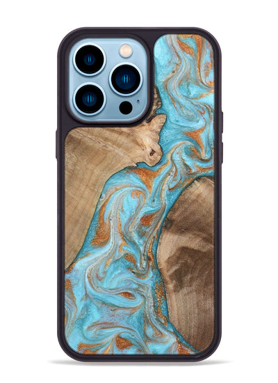 iPhone 14 Pro Max Wood Phone Case - Jody (Teal & Gold, 801464)