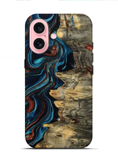iPhone 16 Wood Live Edge Phone Case - Myron (Teal & Gold, 801512)
