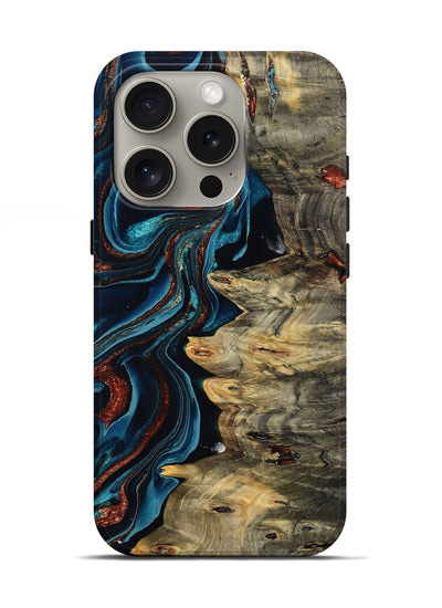 iPhone 16 Pro Wood Live Edge Phone Case - Myron (Teal & Gold, 801512)