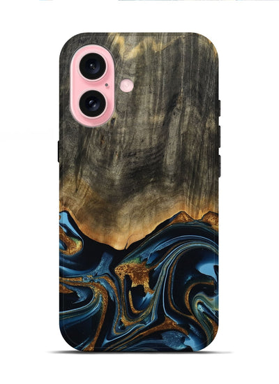 iPhone 16 Wood Live Edge Phone Case - Virgil (Teal & Gold, 801513)
