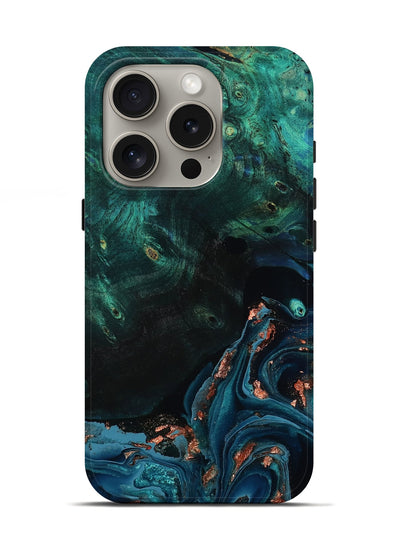 iPhone 16 Pro Wood Live Edge Phone Case - January (Teal & Gold, 801525)