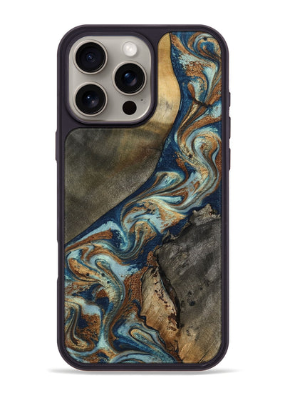 iPhone 16 Pro Max Wood Phone Case - Karon (Teal & Gold, 801649)