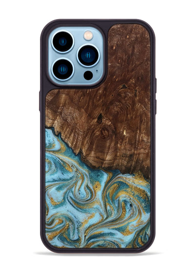 iPhone 14 Pro Max Wood Phone Case - Tonya (Teal & Gold, 801652)