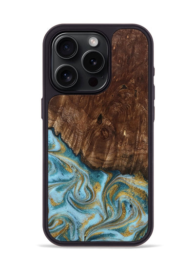 iPhone 15 Pro Wood Phone Case - Tonya (Teal & Gold, 801652)