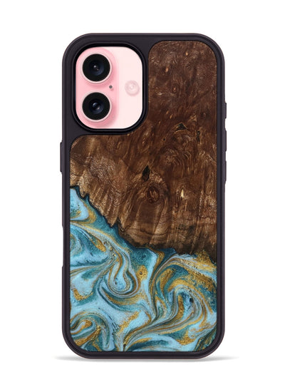 iPhone 16 Wood Phone Case - Tonya (Teal & Gold, 801652)
