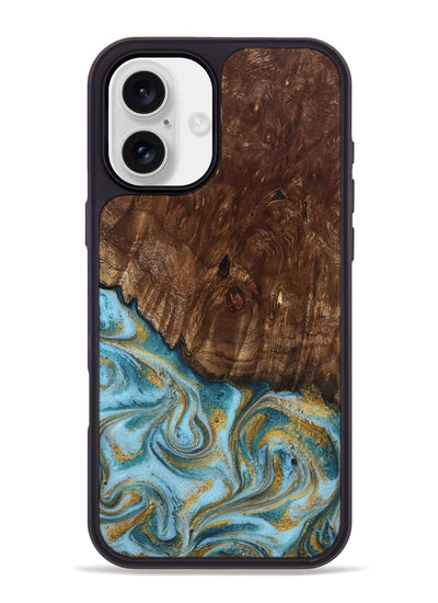 iPhone 16 Plus Wood Phone Case - Tonya (Teal & Gold, 801652)