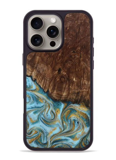 iPhone 16 Pro Max Wood Phone Case - Tonya (Teal & Gold, 801652)