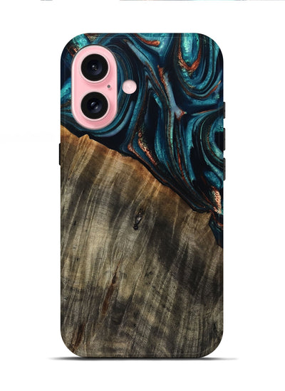 iPhone 16 Wood Live Edge Phone Case - Pauline (Teal & Gold, 801740)