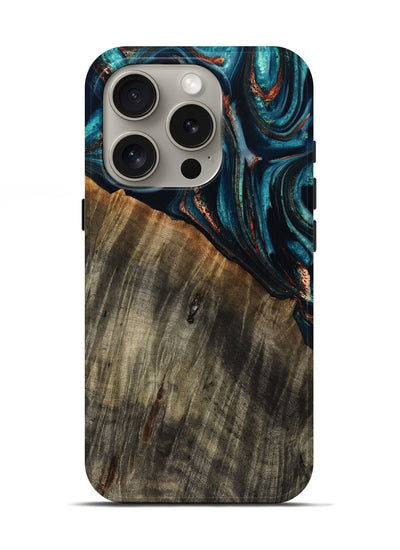 iPhone 16 Pro Wood Live Edge Phone Case - Pauline (Teal & Gold, 801740)