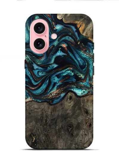 iPhone 16 Wood Live Edge Phone Case - Daisie (Teal & Gold, 801757)