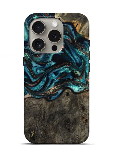 iPhone 16 Pro Wood Live Edge Phone Case - Daisie (Teal & Gold, 801757)