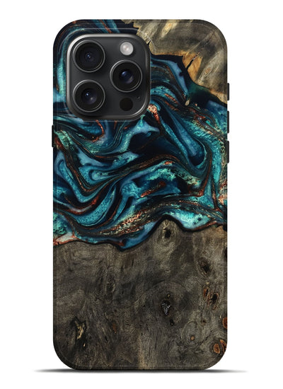 iPhone 16 Pro Max Wood Live Edge Phone Case - Daisie (Teal & Gold, 801757)