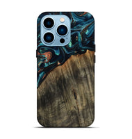 iPhone 14 Pro Wood Live Edge Phone Case - Ramon (Teal & Gold, 801758)
