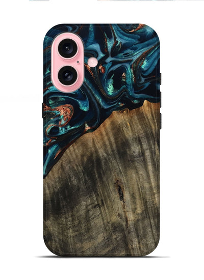 iPhone 16 Wood Live Edge Phone Case - Ramon (Teal & Gold, 801758)