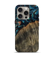 iPhone 16 Pro Wood Live Edge Phone Case - Ramon (Teal & Gold, 801758)