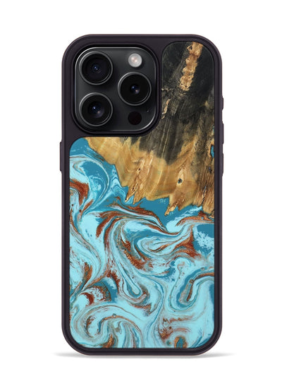 iPhone 15 Pro Wood Phone Case - Zhuri (Teal & Gold, 801916)