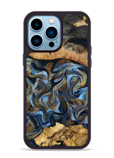 iPhone 14 Pro Max Wood Phone Case - Yael (Teal & Gold, 801917)