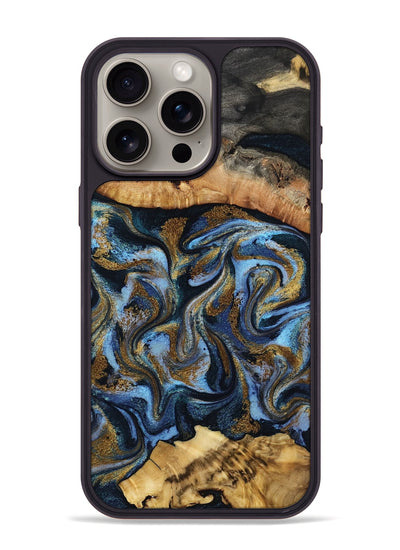 iPhone 15 Pro Max Wood Phone Case - Yael (Teal & Gold, 801917)