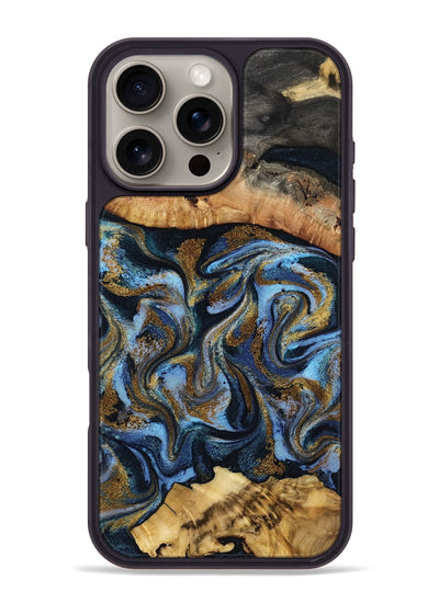 iPhone 16 Pro Max Wood Phone Case - Yael (Teal & Gold, 801917)