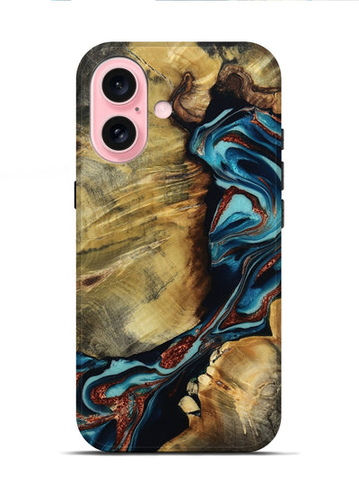 iPhone 16 Wood Live Edge Phone Case - Duncan (Teal & Gold, 801949)