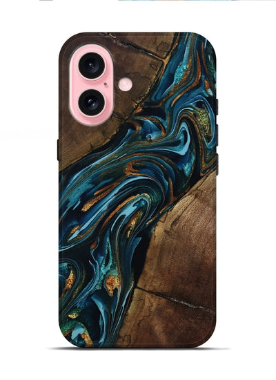 iPhone 16 Wood Live Edge Phone Case - Cash (Teal & Gold, 801973)