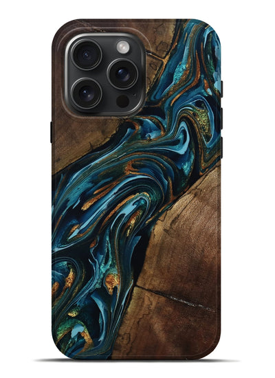 iPhone 16 Pro Max Wood Live Edge Phone Case - Cash (Teal & Gold, 801973)