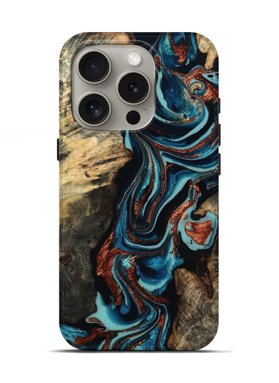 iPhone 16 Pro Wood Live Edge Phone Case - Felix (Teal & Gold, 801977)