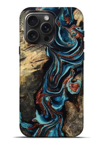 iPhone 16 Pro Max Wood Live Edge Phone Case - Felix (Teal & Gold, 801977)