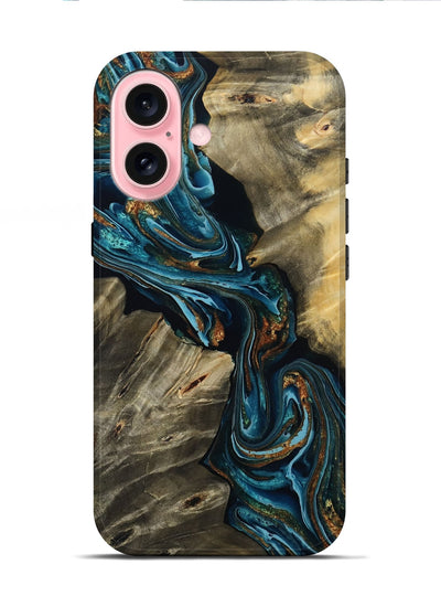 iPhone 16 Wood Live Edge Phone Case - Kenzie (Teal & Gold, 801978)