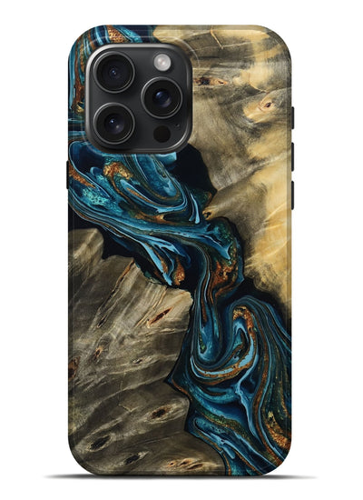 iPhone 16 Pro Max Wood Live Edge Phone Case - Kenzie (Teal & Gold, 801978)
