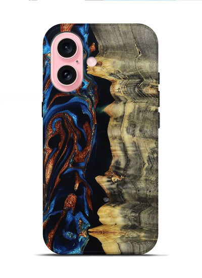 iPhone 16 Wood Live Edge Phone Case - Enid (Teal & Gold, 801980)