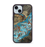 iPhone 15 Wood Phone Case - Edythe (Teal & Gold, 802164)