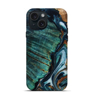 iPhone 15 Wood Live Edge Phone Case - Dequan (Teal & Gold, 807315)