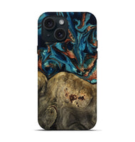iPhone 15 Wood Live Edge Phone Case - Alpha (Teal & Gold, 807745)