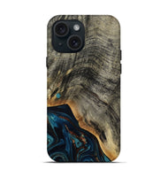 iPhone 15 Wood Live Edge Phone Case - Araceli (Teal & Gold, 807755)