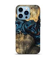 iPhone 14 Pro Wood Live Edge Phone Case - Azriel (Teal & Gold, 808681)