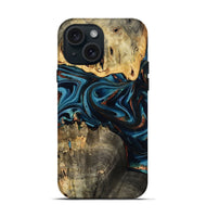 iPhone 15 Wood Live Edge Phone Case - Azriel (Teal & Gold, 808681)