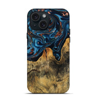 iPhone 15 Wood Live Edge Phone Case - Manila (Teal & Gold, 808712)