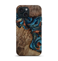iPhone 15 Wood Live Edge Phone Case - Laraine (Teal & Gold, 809286)