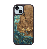 iPhone 15 Wood Phone Case - Inaya (Teal & Gold, 809411)