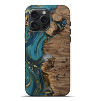 iPhone 16 Pro Max Wood Live Edge Phone Case - Jerald (Teal & Gold, 811439)