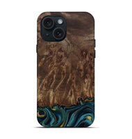 iPhone 15 Wood Live Edge Phone Case - Errol (Teal & Gold, 811878)