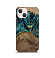 iPhone 13 mini Wood Live Edge Phone Case - Isom (Teal & Gold, 811880)