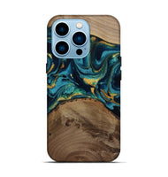 iPhone 14 Pro Wood Live Edge Phone Case - Isom (Teal & Gold, 811880)